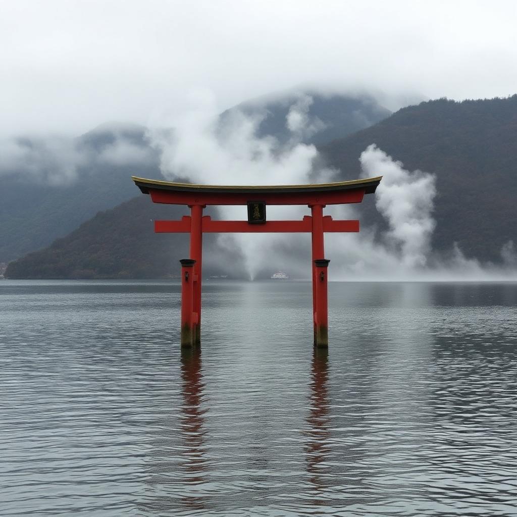 Torii gate at the edge of Lake Ashi in Hakone