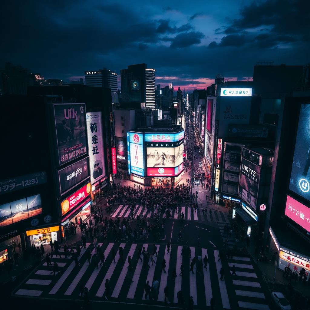 Shibuya Crossing at dusk seen from above