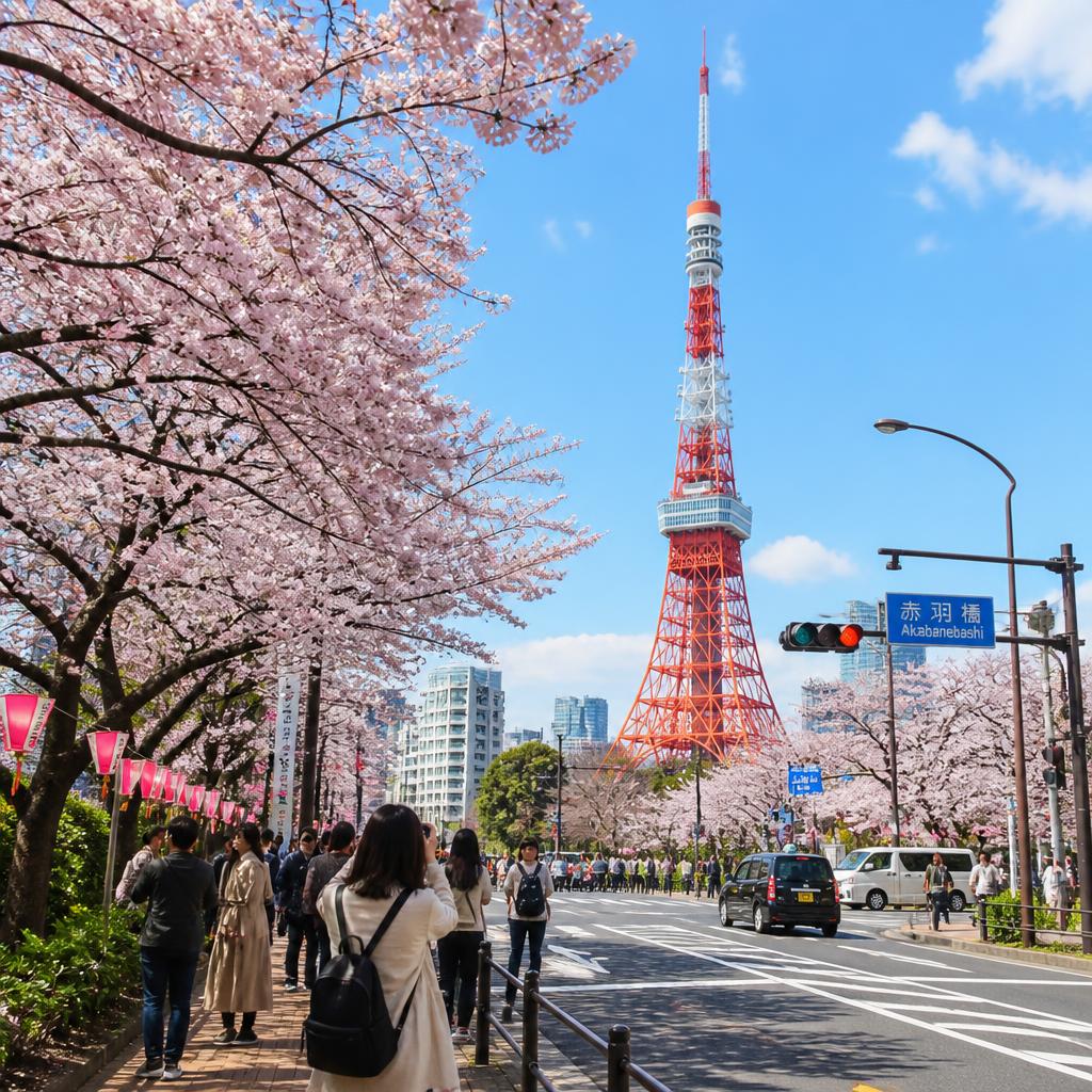 Tokyo Tower framed by cherry blossom branches in spring