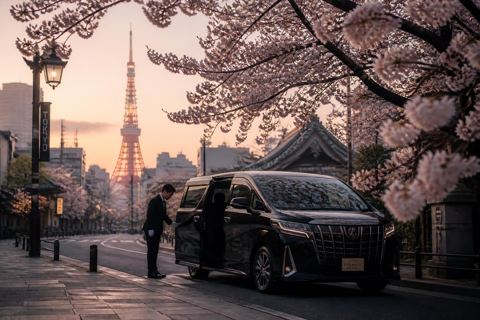 A Sakura Routes driver waiting beside a private vehicle on a cherry-blossom lined Tokyo street at sunrise