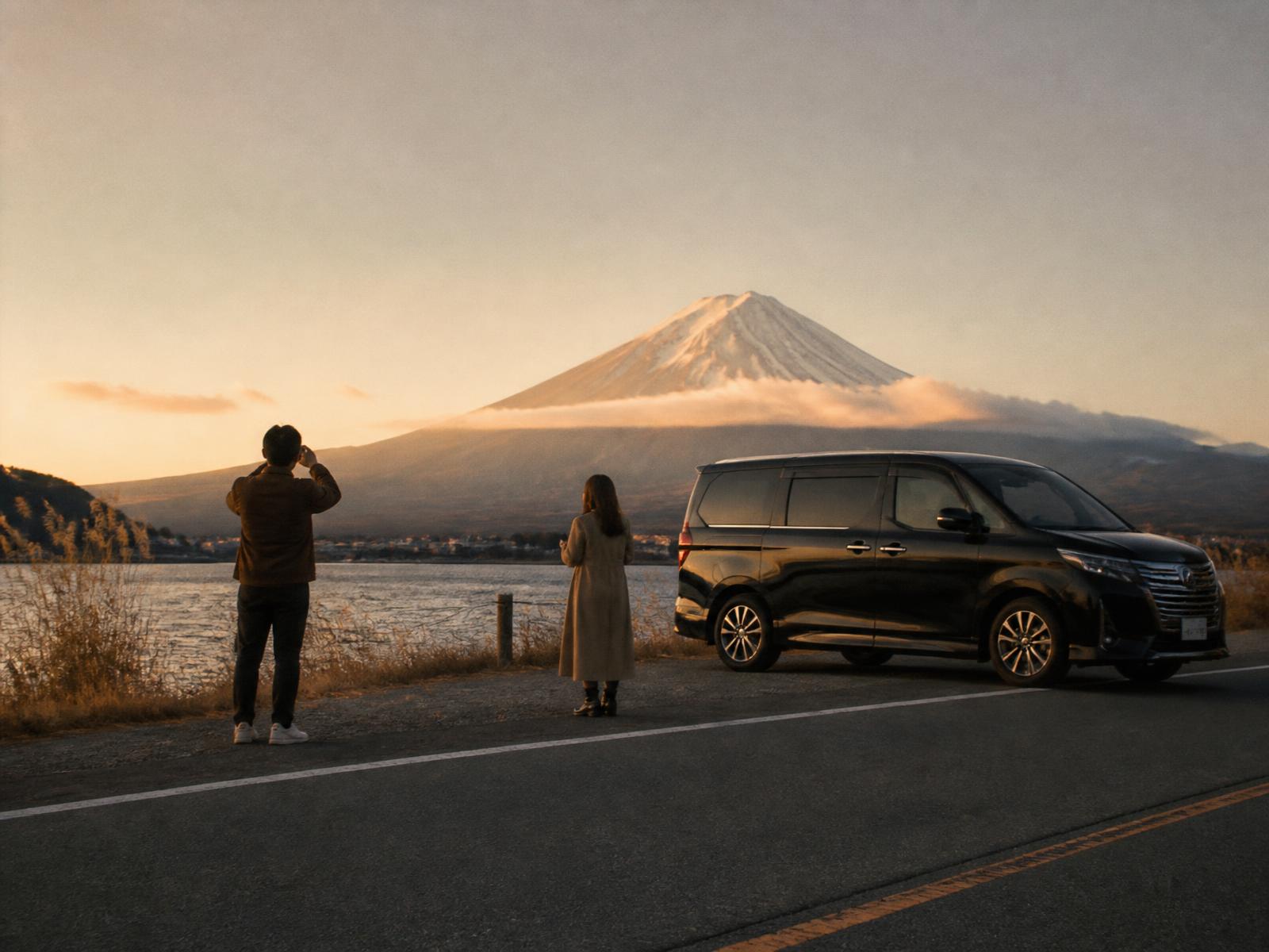 Travellers photographing Mount Fuji beside a private van at golden hour