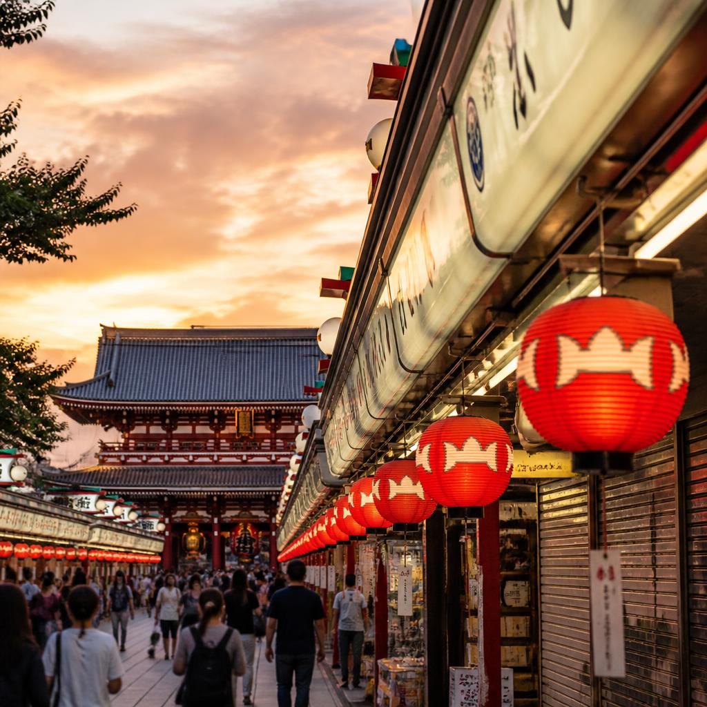 Red paper lanterns on the approach to Senso-ji temple