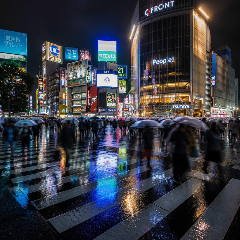 Shibuya Crossing in Tokyo at night, neon lights reflecting on the wet pavement