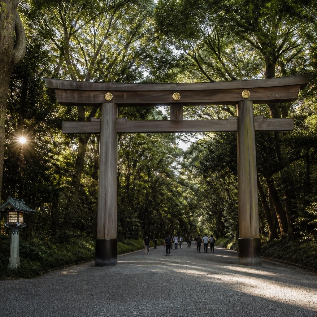 The grand wooden torii gate at Meiji Jingu shrine, framed by forest greenery