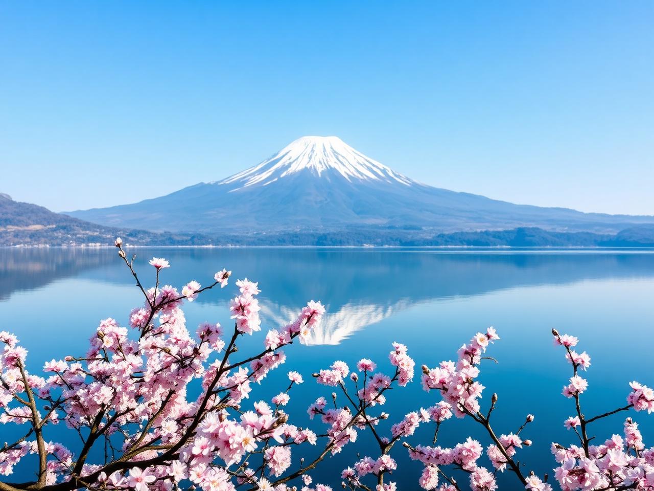 Mount Fuji reflected in Lake Kawaguchiko behind cherry blossoms