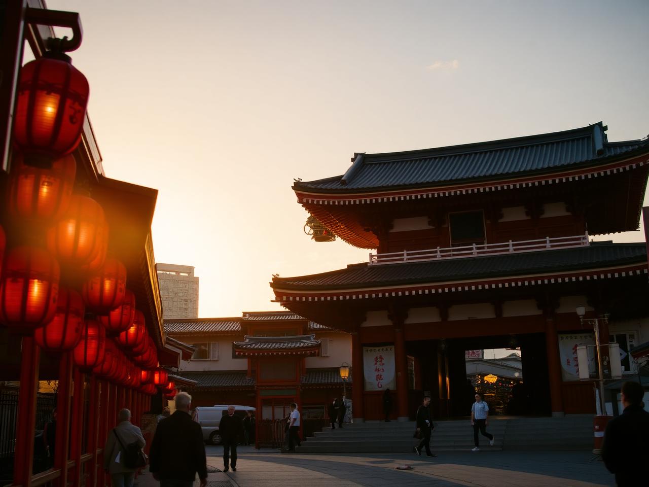 Senso-ji temple in Asakusa, Tokyo, lit by golden evening light