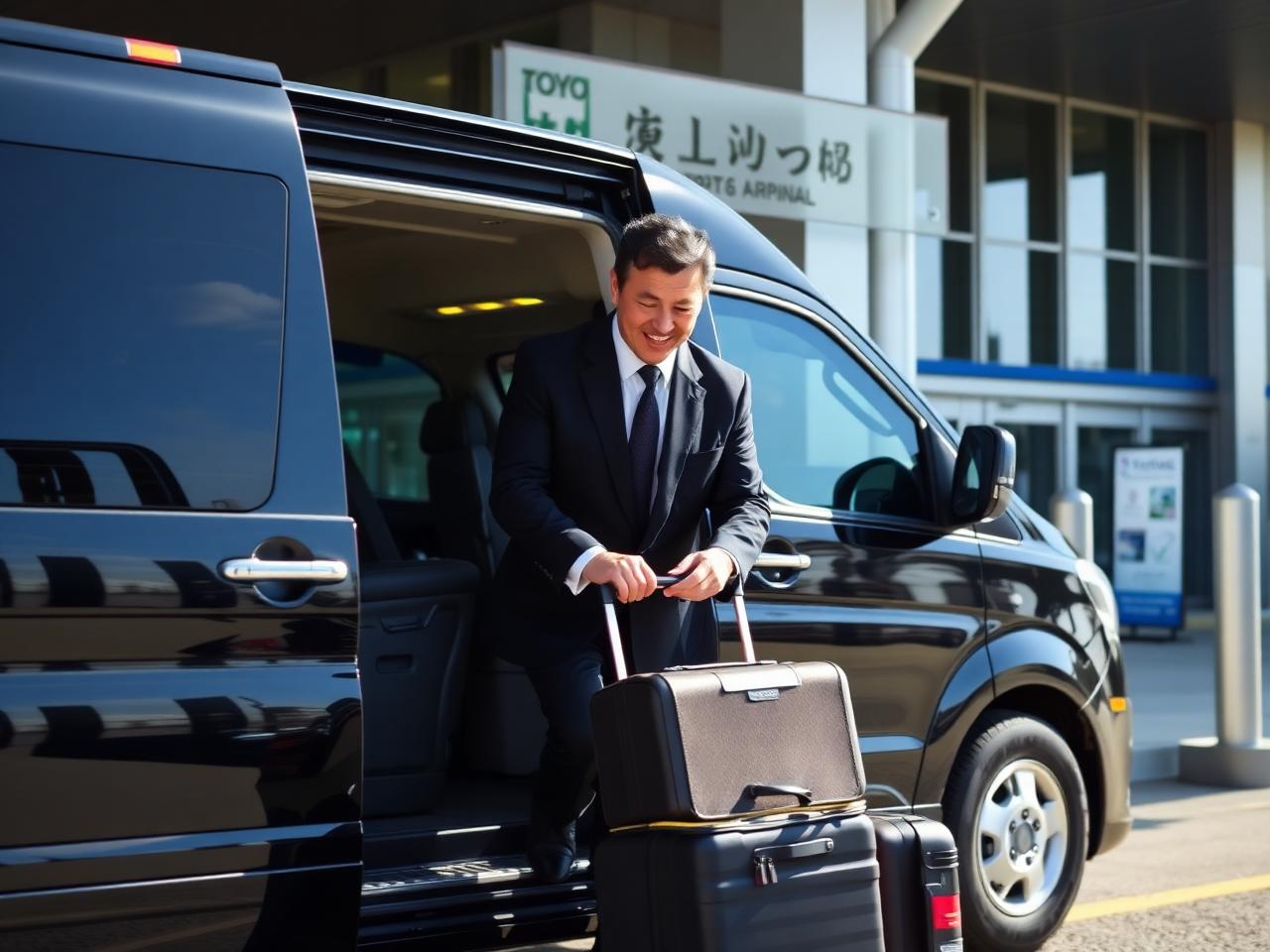 Driver loading luggage into a private van at a Tokyo airport terminal